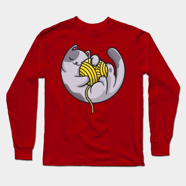 Cute Cat Sleeping And Hug Yarn Ball Cartoon Long Sleeve T-Shirt by Catalyst Labs